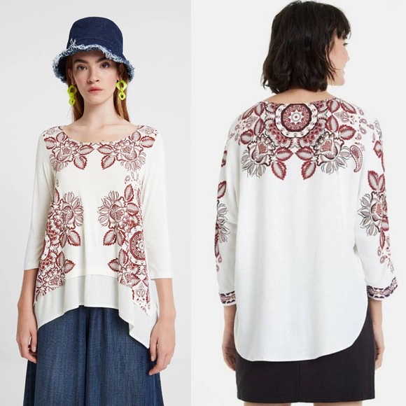 Desigual Tops - Desigual Kassandra White & Red Floral Asymmetrical Long Sleeve Blouse Size M